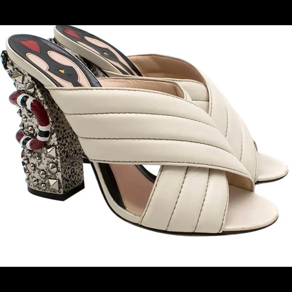 Kid leather Kingsnake Gucci Webby Heels in "Mystic White"